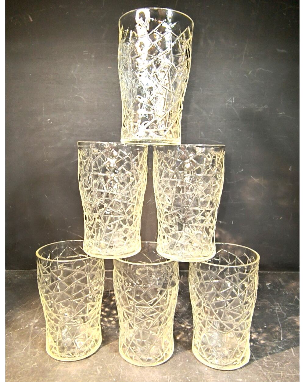 2063. Set of 6 Clear Crackle Design Whiskey Tumblers Shot Glasses 1930s